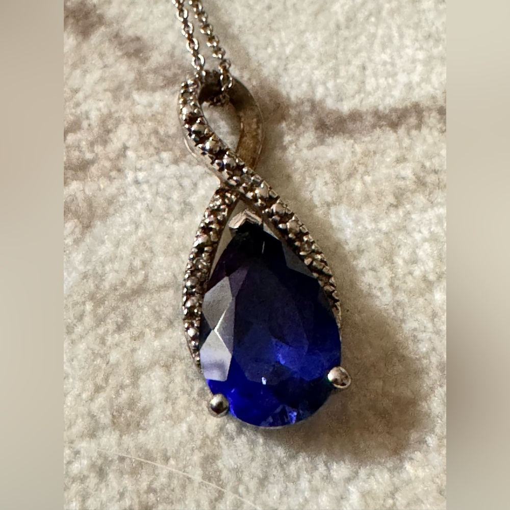 Elegant Blue Teardrop Silver925 (M marking) Pendant Necklace - Picture 3 of 15